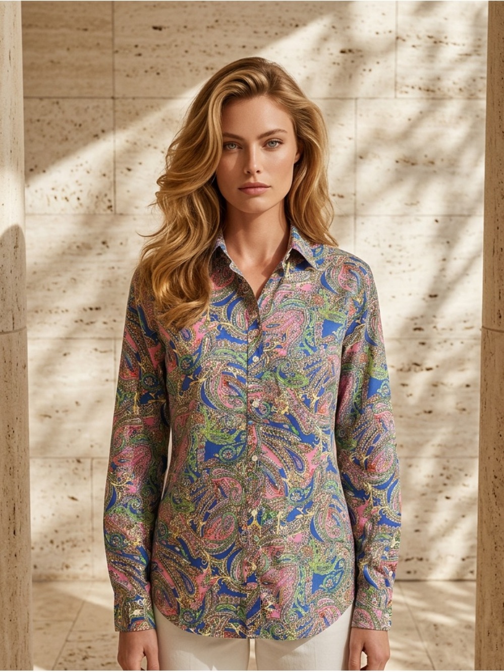 Lauren Ralph Lauren No Iron Vibrant Paisley Button Up Shirt/Blouse Size XL